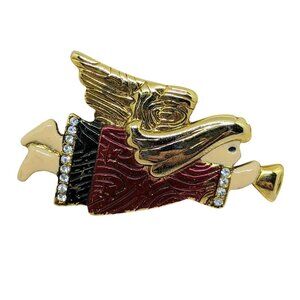 Vintage SFJ Gold-Tone Enamel Angel Pin With Trumpet & Rhinestone Accents Christm
